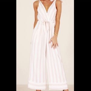 Showpo Blush Pink / White Striped Tie Jumpsuit
